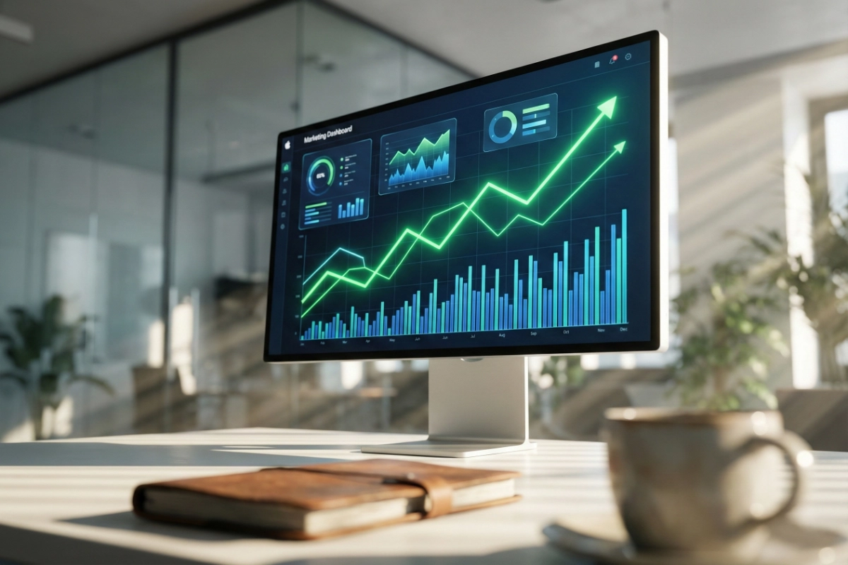 Marketing agency ROI dashboard showing conversion metrics and revenue growth