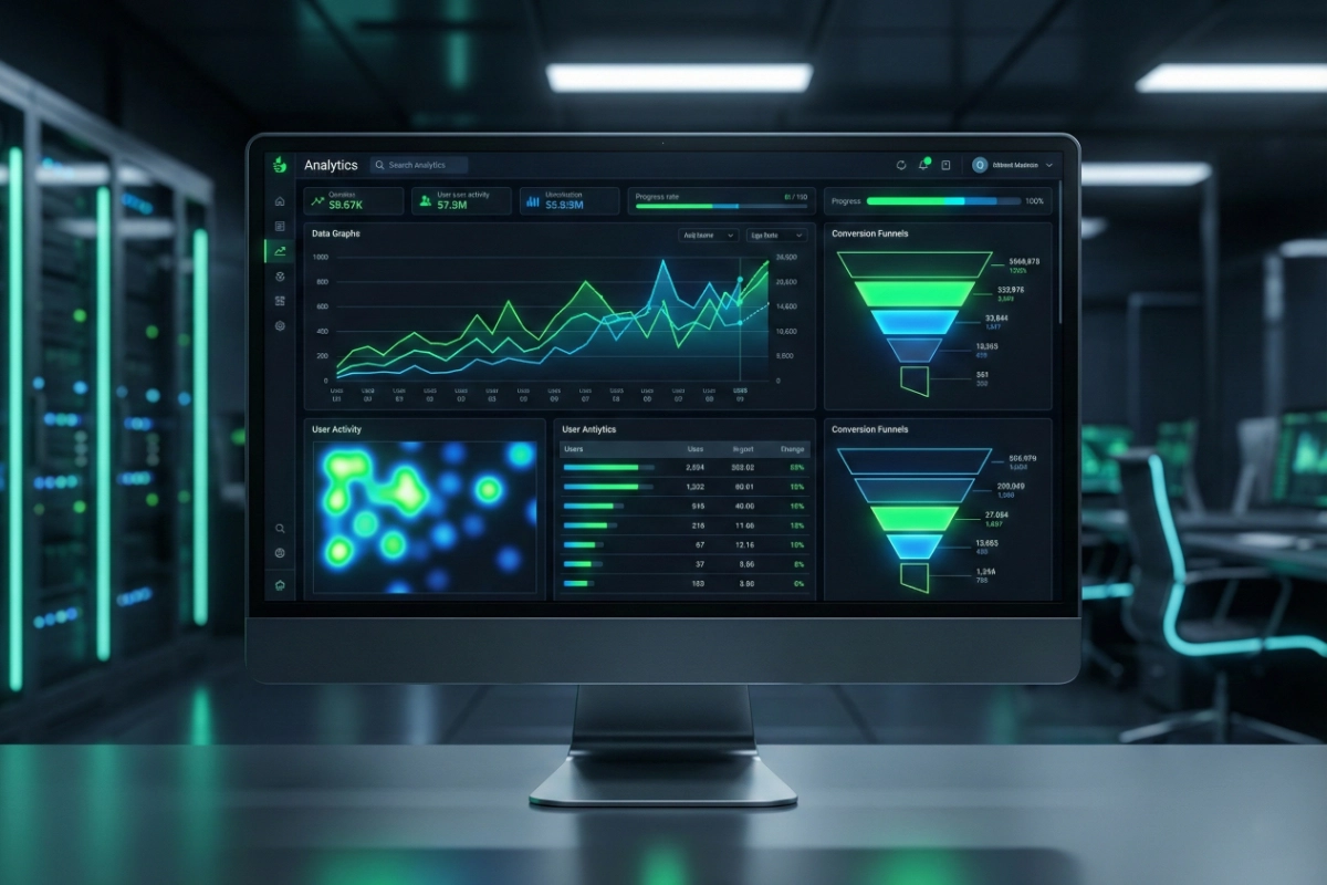 Marketing ROI dashboard displaying channel performance, ROAS, CAC, and conversion metrics