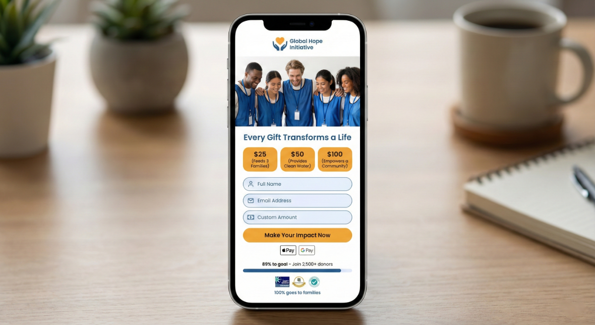 Optimized nonprofit donation page with mobile-friendly form and impact statements