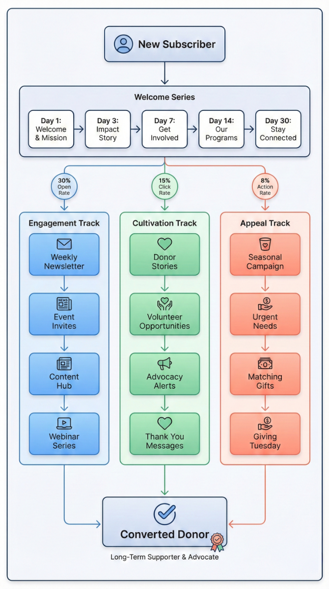 Nonprofit email marketing funnel showing welcome series, engagement campaigns, and donation appeals