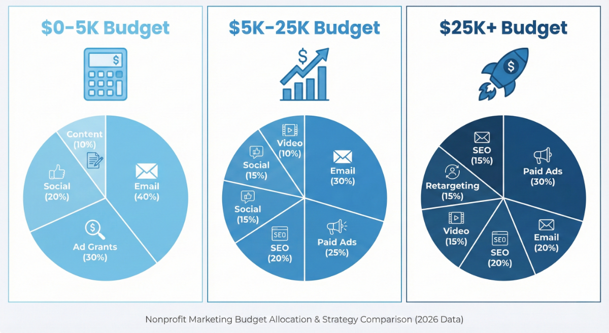 Nonprofit marketing budget allocation chart showing strategy distribution across $5K, $25K, and $50K+ budgets