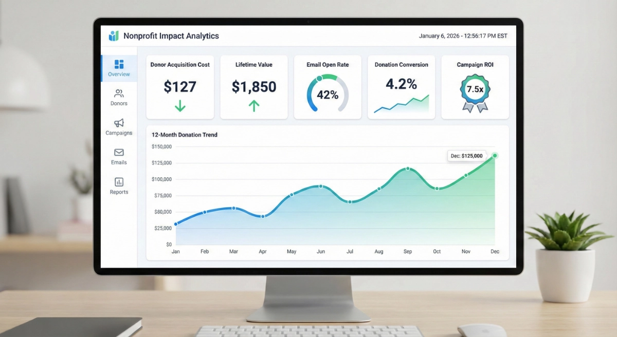 Nonprofit marketing metrics dashboard tracking donor acquisition cost, lifetime value, and ROI