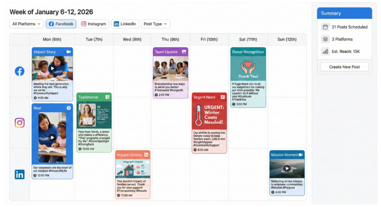 Nonprofit social media content calendar with video, impact stories, and donor testimonials