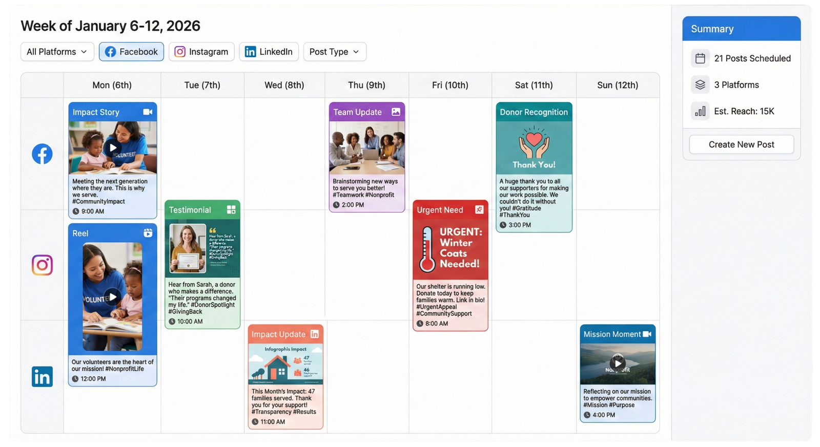 Nonprofit social media content calendar with video, impact stories, and donor testimonials